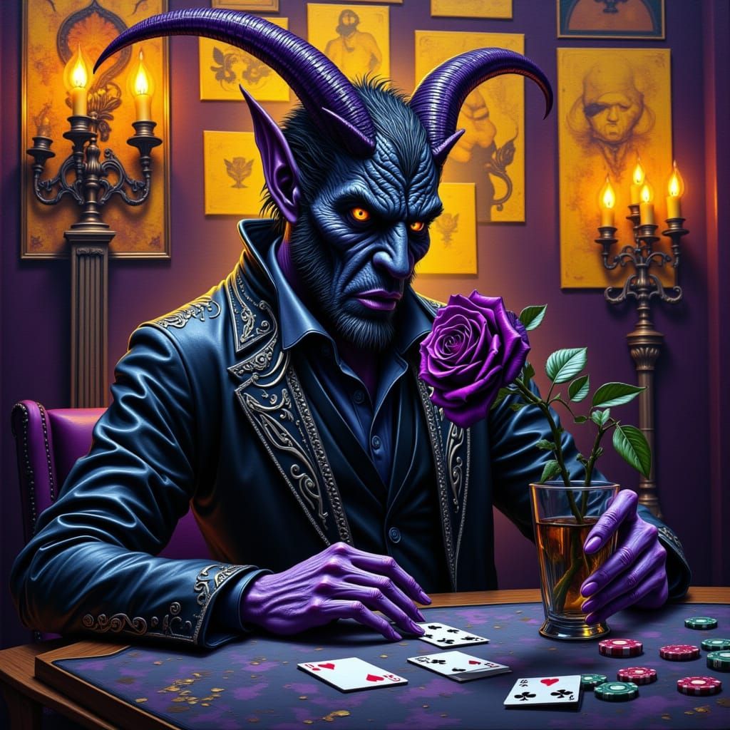 Demon Contemplates Mysterious Rose at High-Stakes Poker Tabl...
