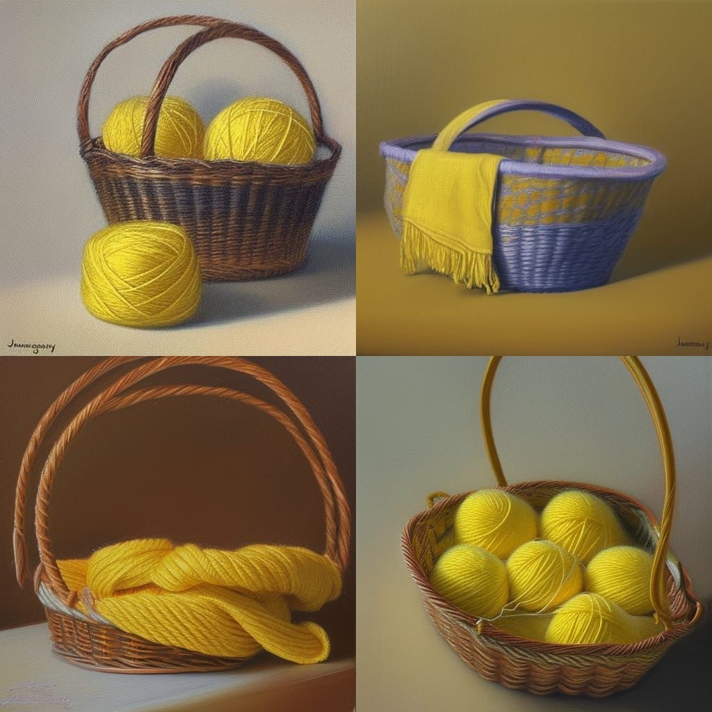 Yellow Yarn Overflowing Basket as Oil Painting