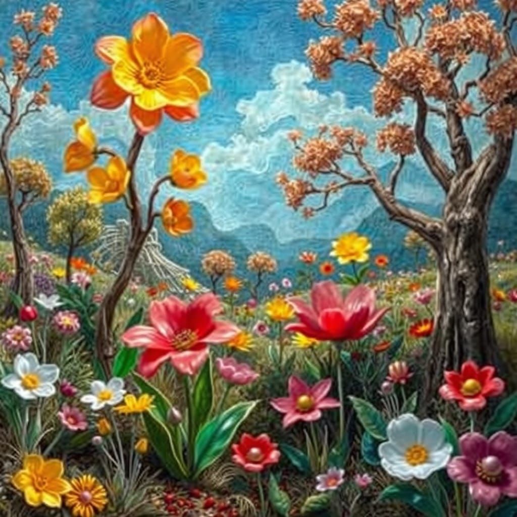 Surreal Glass Flowers and Block Trees Landscape