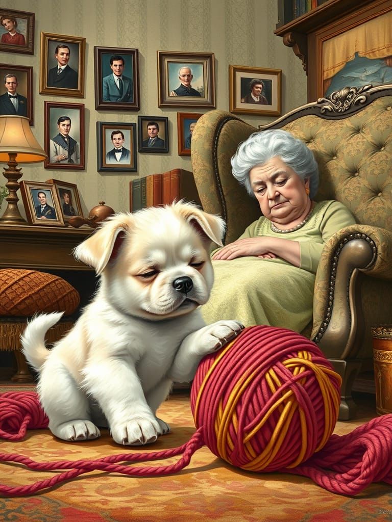 Puppy's Yarn Adventure: Art Nouveau Whimsy