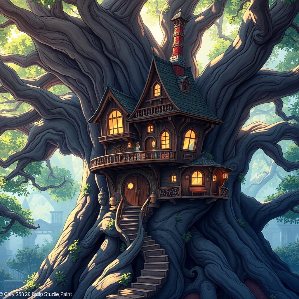 Whimsical Treehouse in Vibrant Anime Style