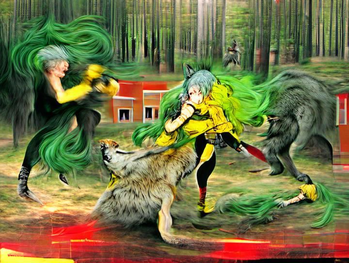 Green-Haired Woman Fighting Yellow Wolf on Red