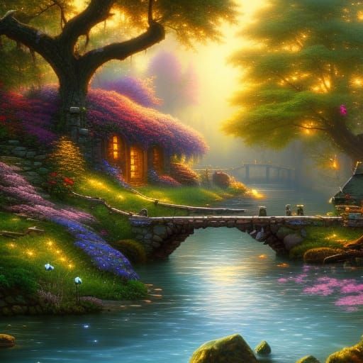 Stone Bridge with Swans in Colorful Fantasy Art Style
