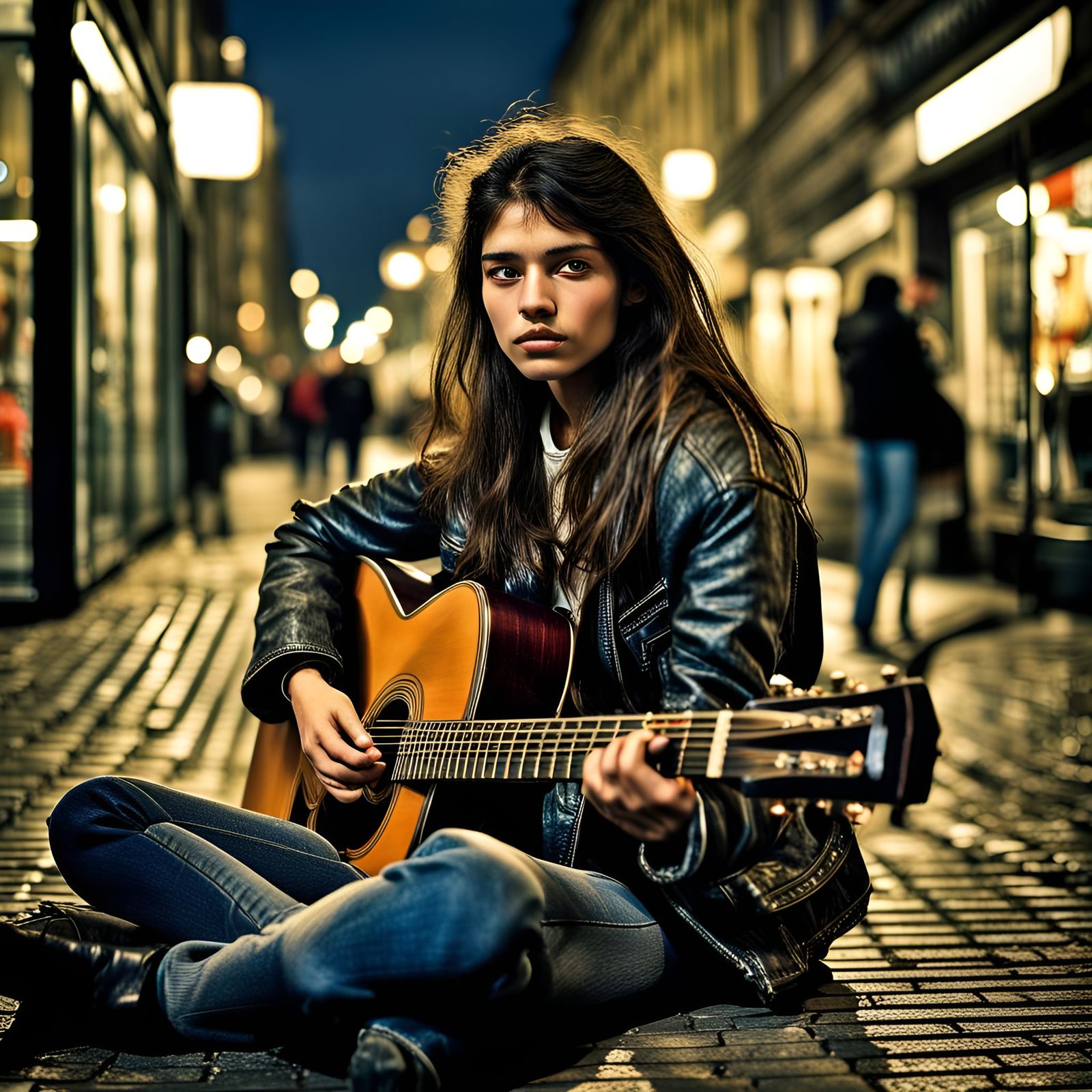 Settled in the world of darkness. Nineteen year old human homeless girl with dark hair playing guitar in the streets of ...