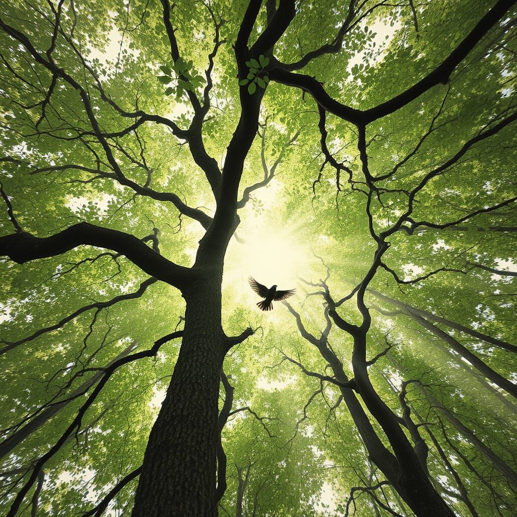 Sunlit Beech Forest Bird's-Eye View in Watercolor Style