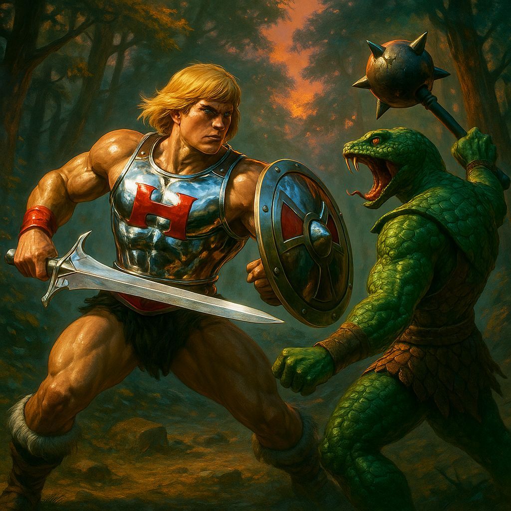 He-Man Battles Snake Man in Cinematic Forest Dusk Scene