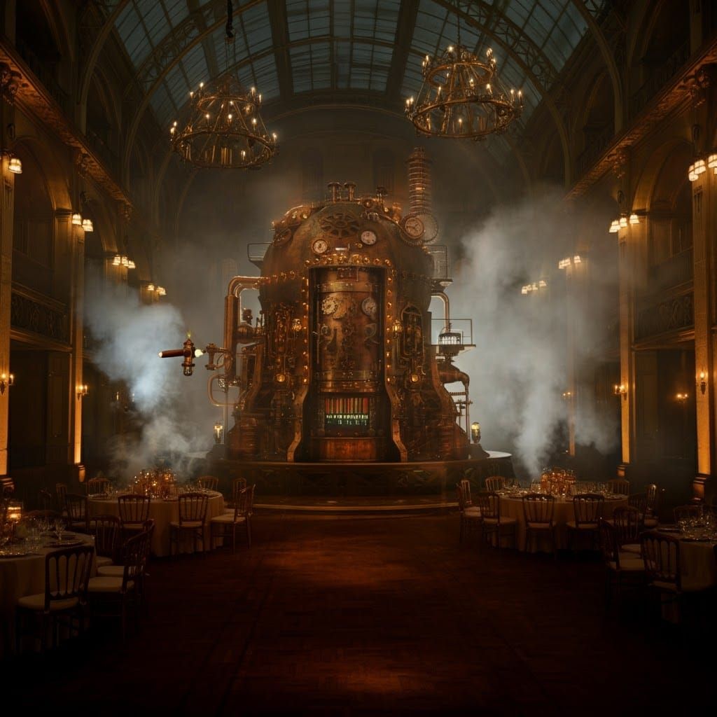 Steampunk Party in Ornate Ballroom with Automata