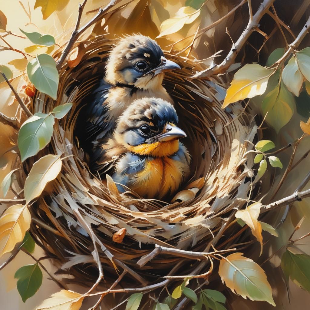 Majestic Baby Bird in Nest Oil Painting