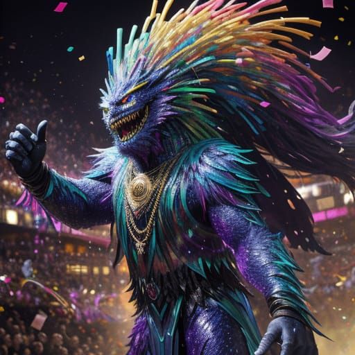 Wacky Monster Cheers in Magical Realism Oil Painting