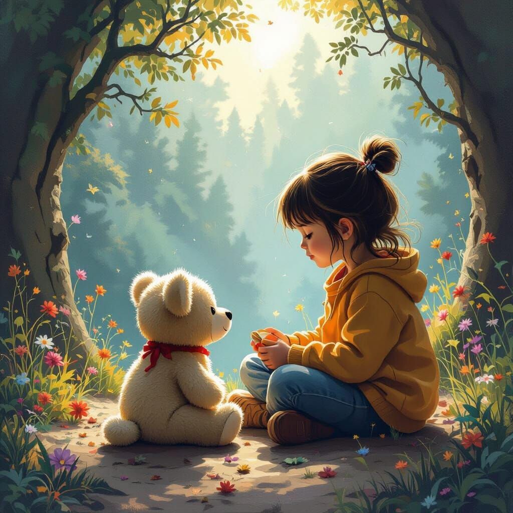 Girl with Plush Toy Under Milky Way