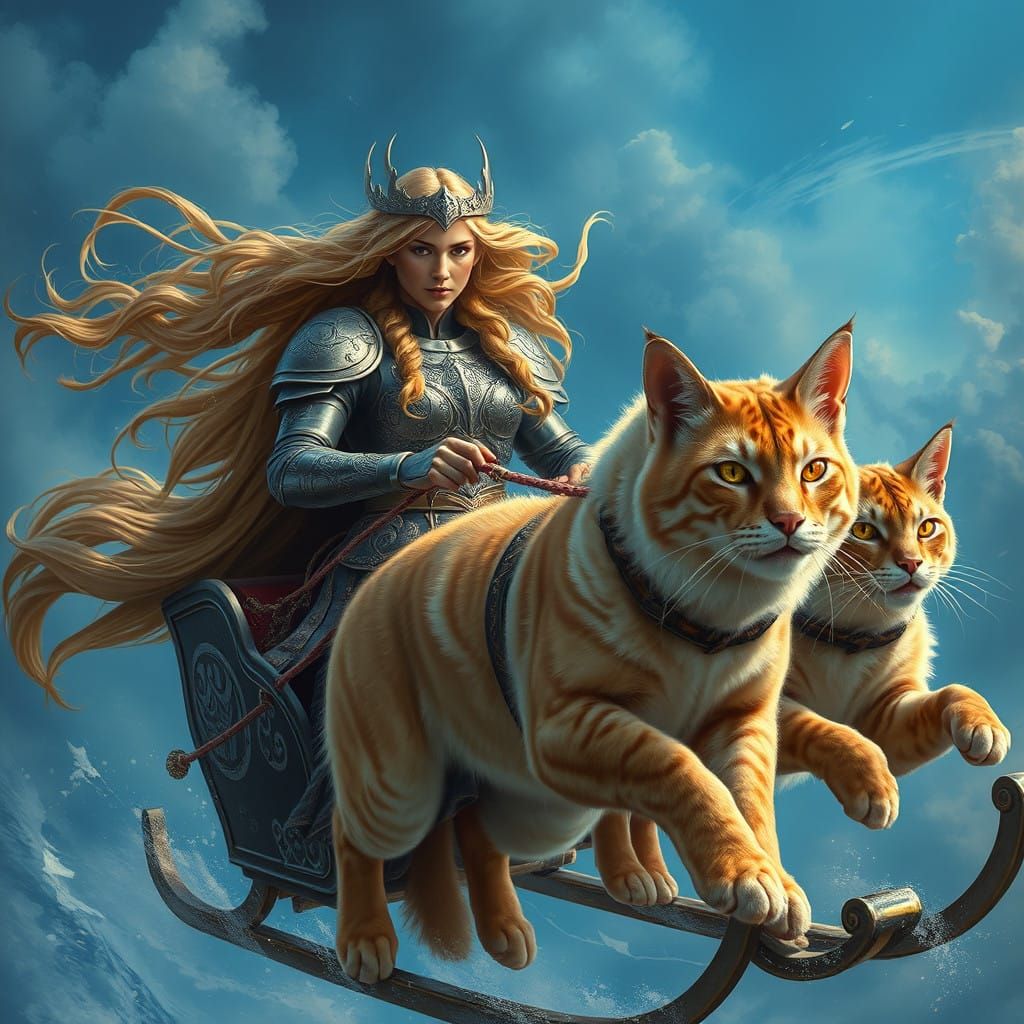Freya as a Valkyrie, with Her Majestic Cats in Stunning Oil ...