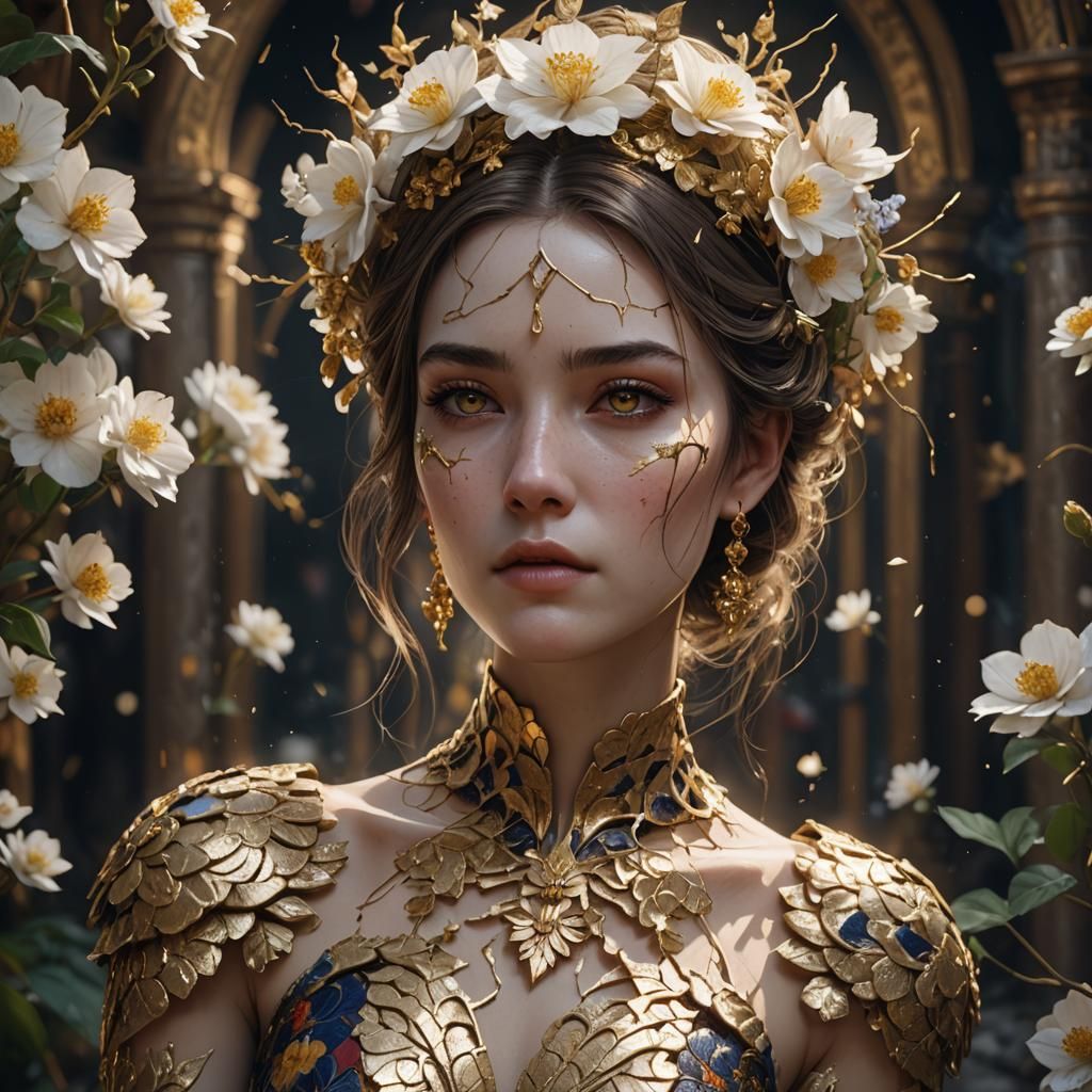 Cracked Porcelain Beauty in Gold Dress