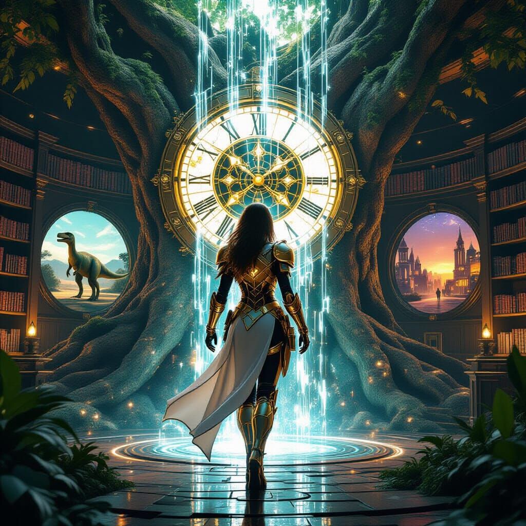 Time Traveler in Living Tree Library with Era Portals