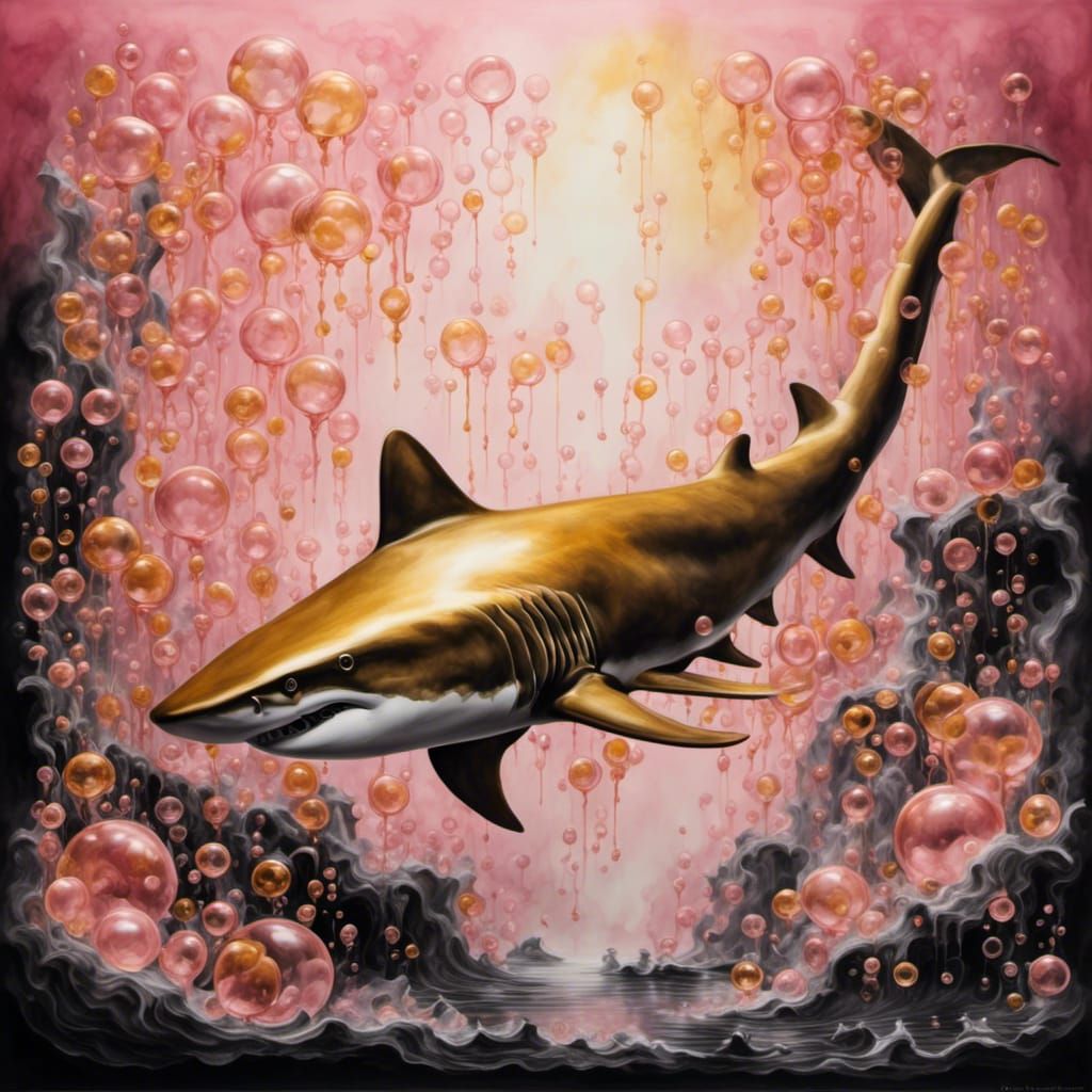 Golden Amber Shark in Black Water, Ink Wash