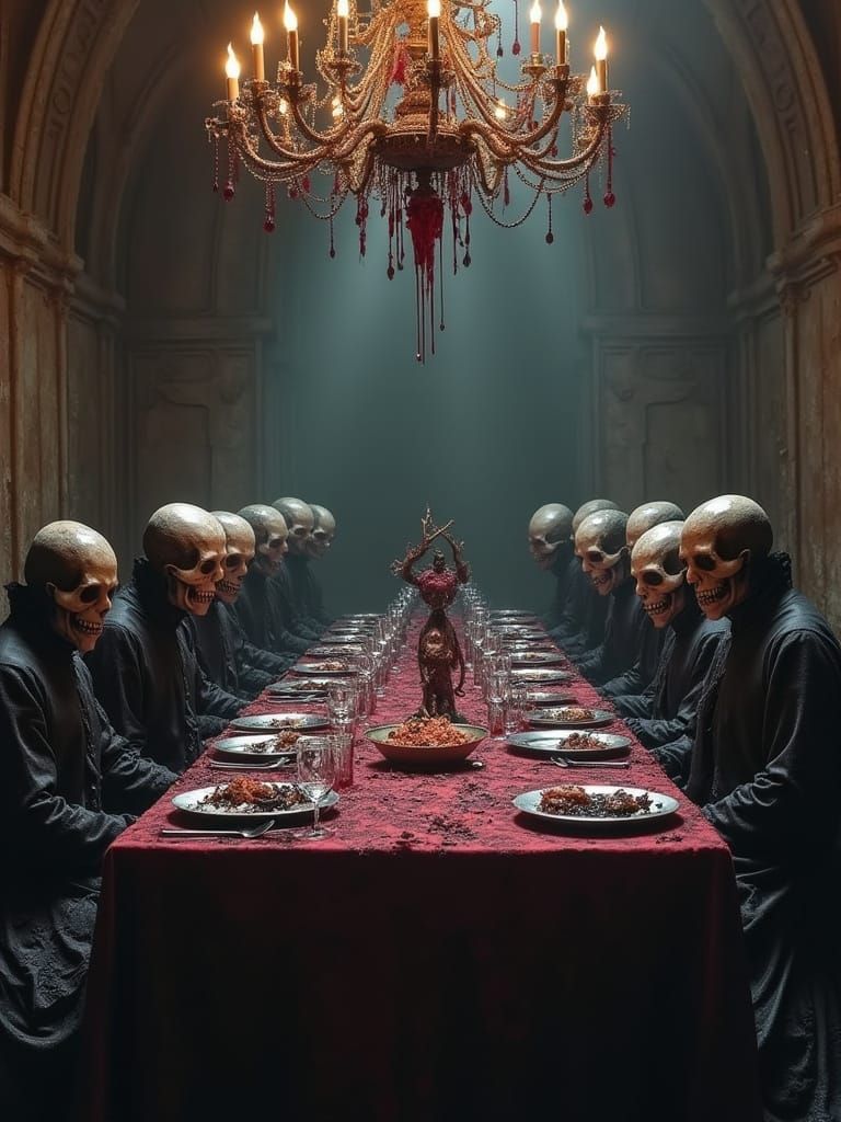 Macabre Banquet in Gothic Hall with Ghostly Nobles