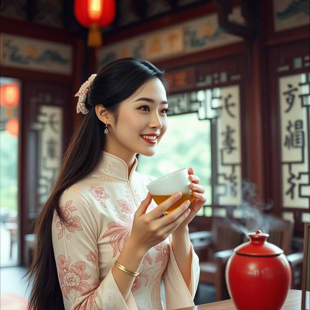 Serene Chinese Woman in Traditional Tea House