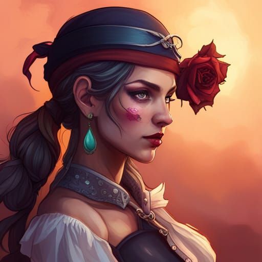 Pirate Queen Portrait in Hyperdetailed Art Nouveau Style