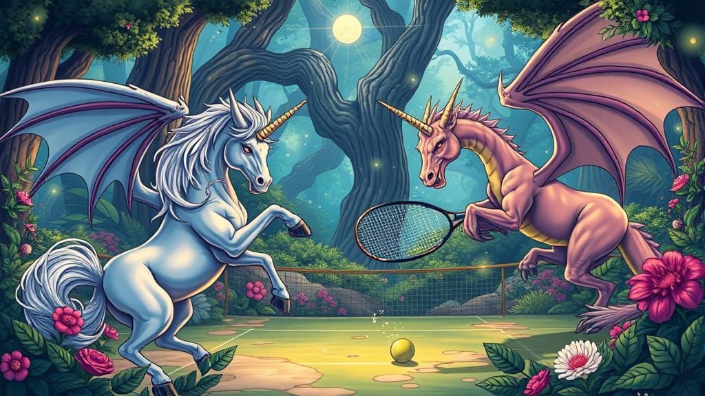 Unicorns and Dragons Play Tennis in Magical Forest