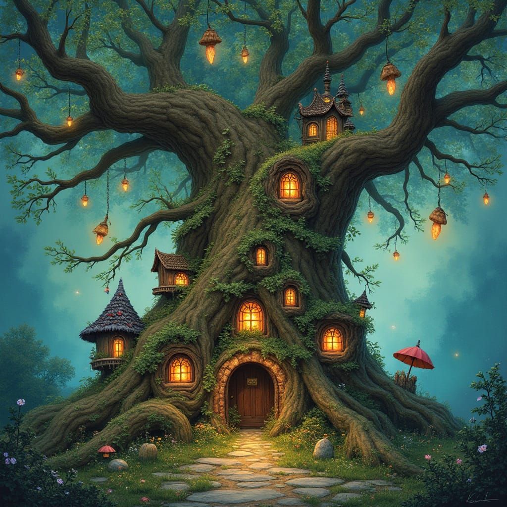 Enchanted Fairy Village in Ancient Oak, Art Nouveau Style