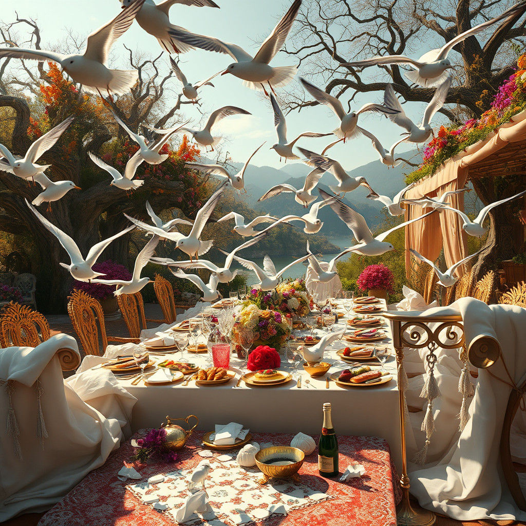 Seagulls Overrun Lavish Feast in Whimsical Fantasy Realm