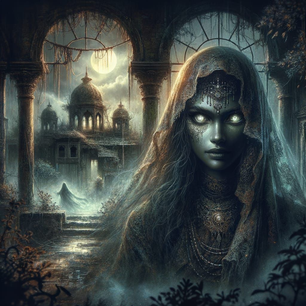 Ethereal Woman in Overgrown Victorian Ruins