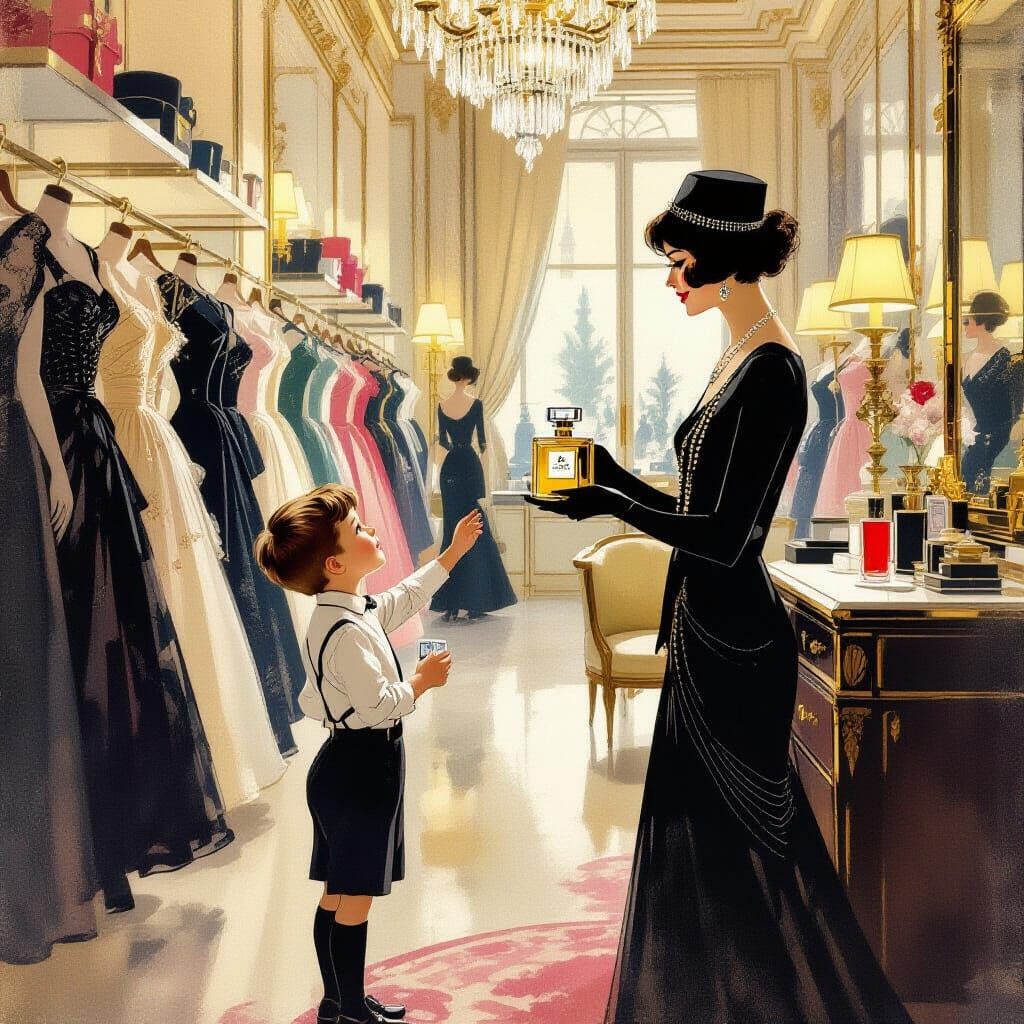 Boy Visits Coco Chanel's Boutique in 1924 Painterly Style