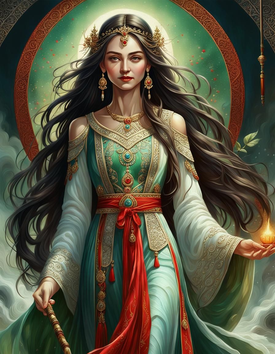 Beautiful Proto-Bulgarian Priestess with Staff, Oil Painting