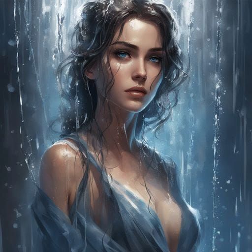 Girl Under Shower with Blue Eyes in Detailed Style