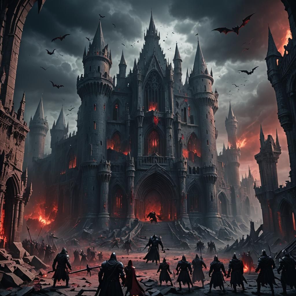 Epic Dark Fantasy Knight Battles Demons in Gothic Ruins