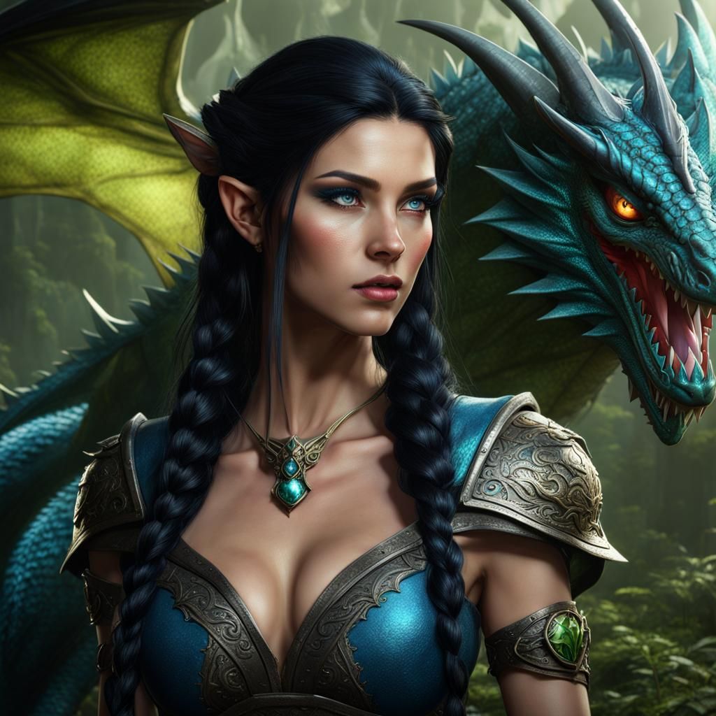 Elf with Dragon in Detailed Matte Painting