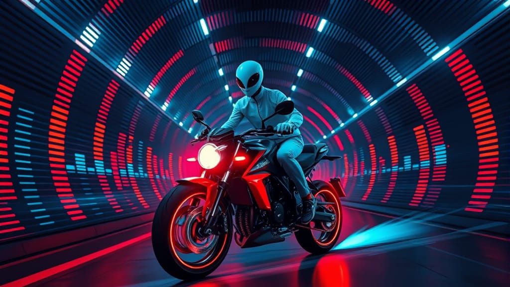 Alien on Neon Hoverbike Through Sound Tunnel