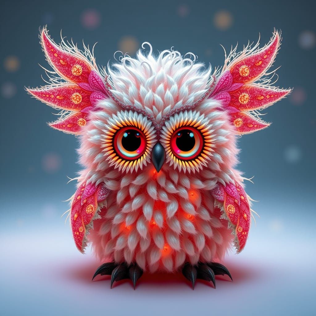 Cute Chibi Fractal Pom Owl Monster with Lace Wings