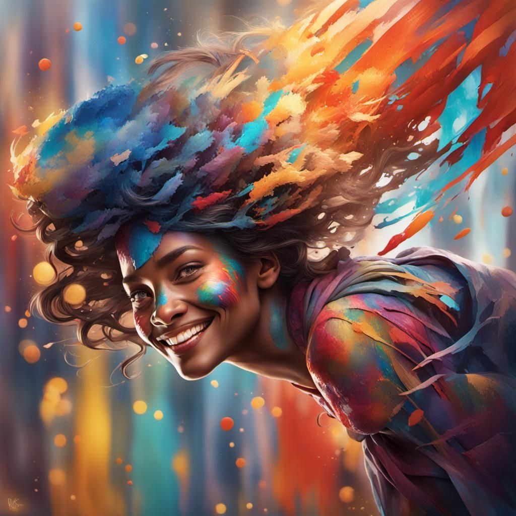 Woman Emerges from Abstract Painting, Hyperdetailed Portrait