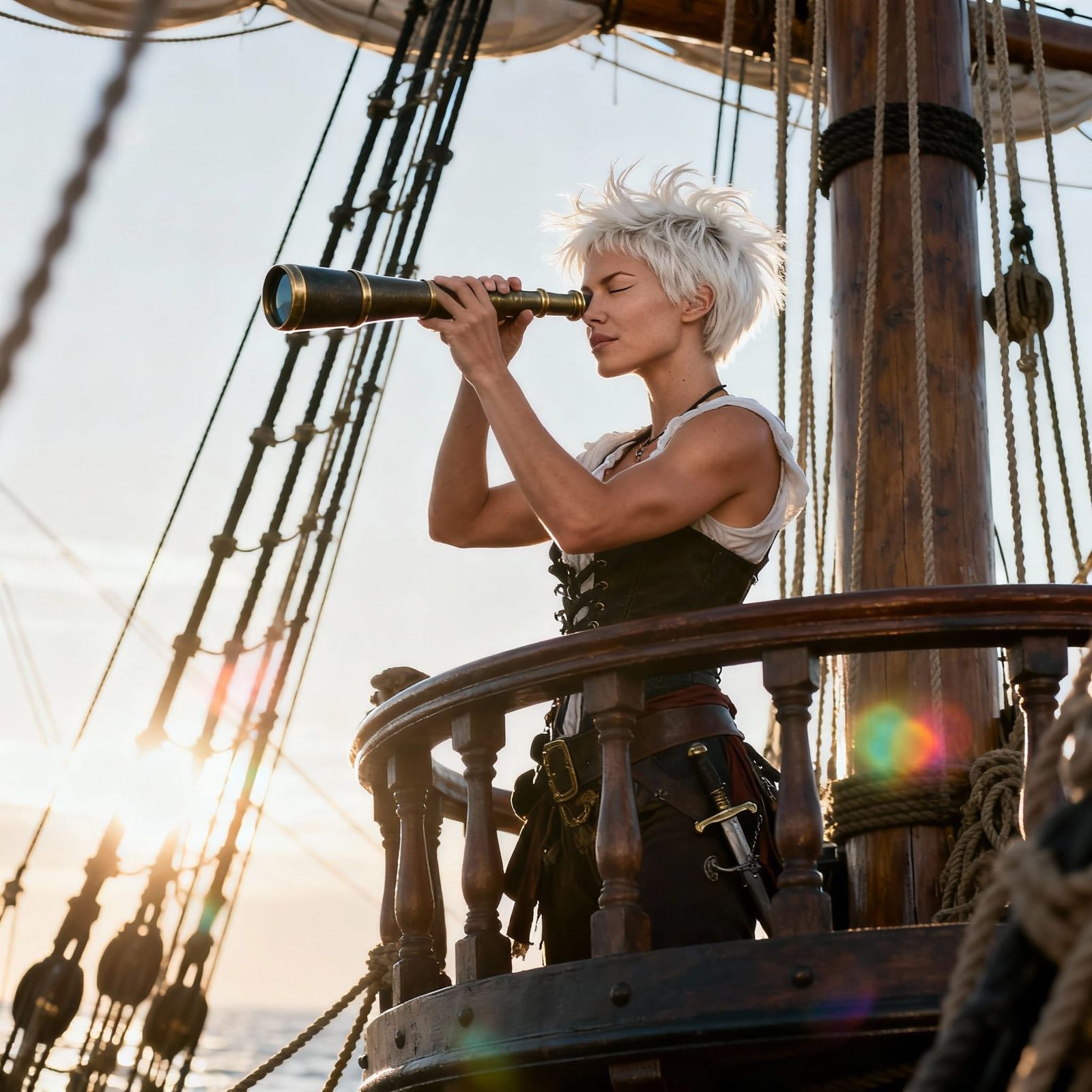 Pirate Woman in Crow's Nest with Telescope