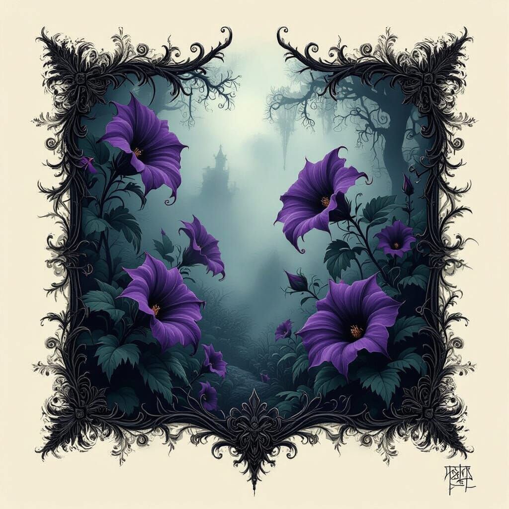 Ethereal Haunted Garden with Gothic Purple Flowers