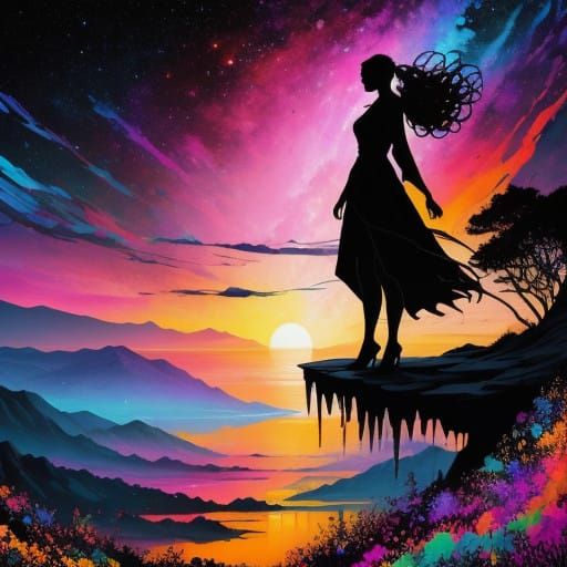 Surreal Figure Stands at Sunset's Edge Over Endless Void