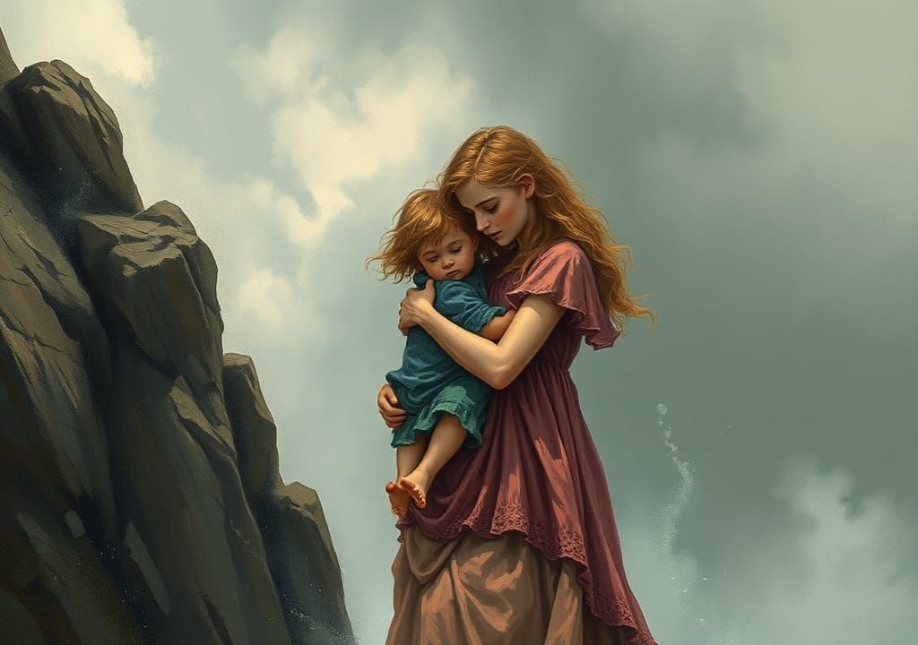 Protective Girl on Cliffside, in Fairy Tale Style