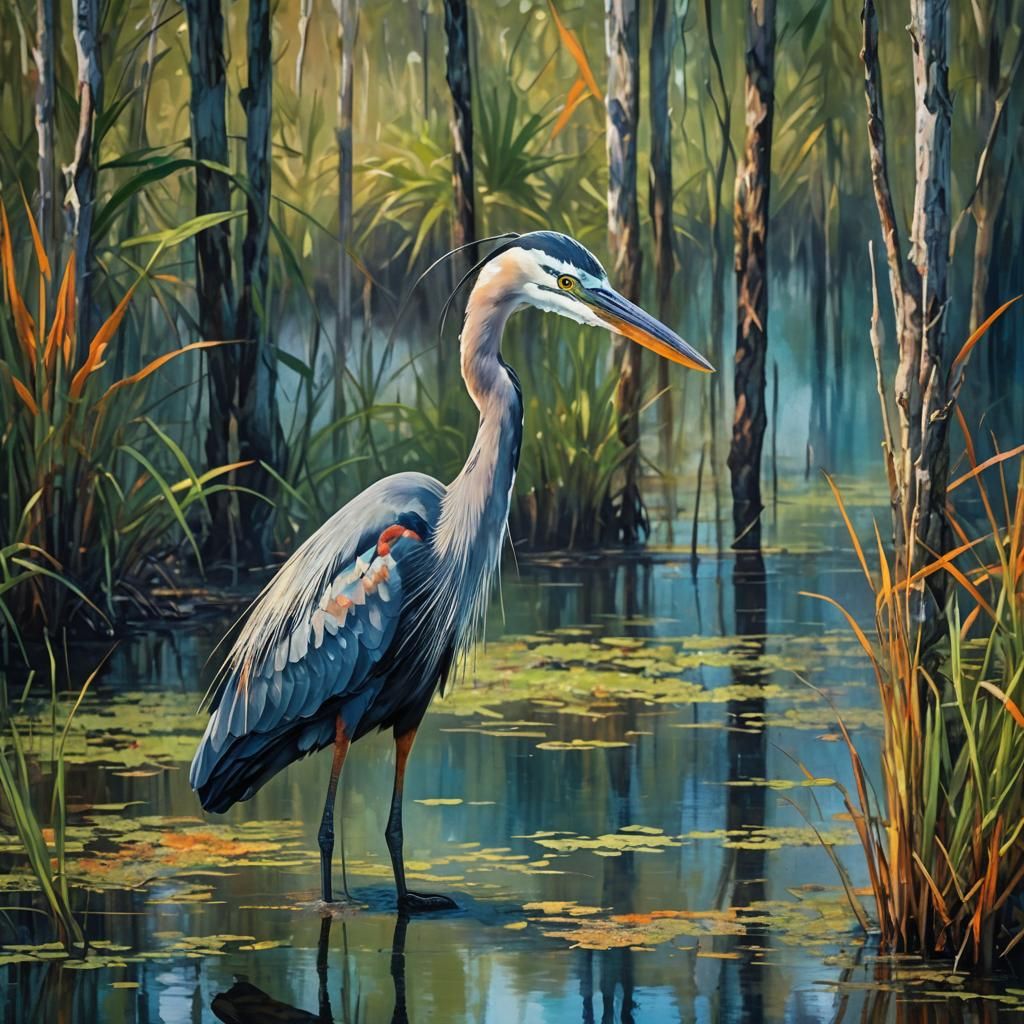 Heron in Everglades: Abstract Expressionist Portrait