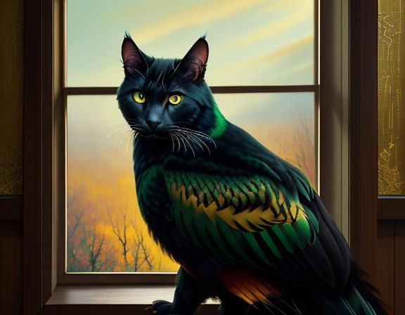 Black Cat Gazing at Pheasant: Oil Painting