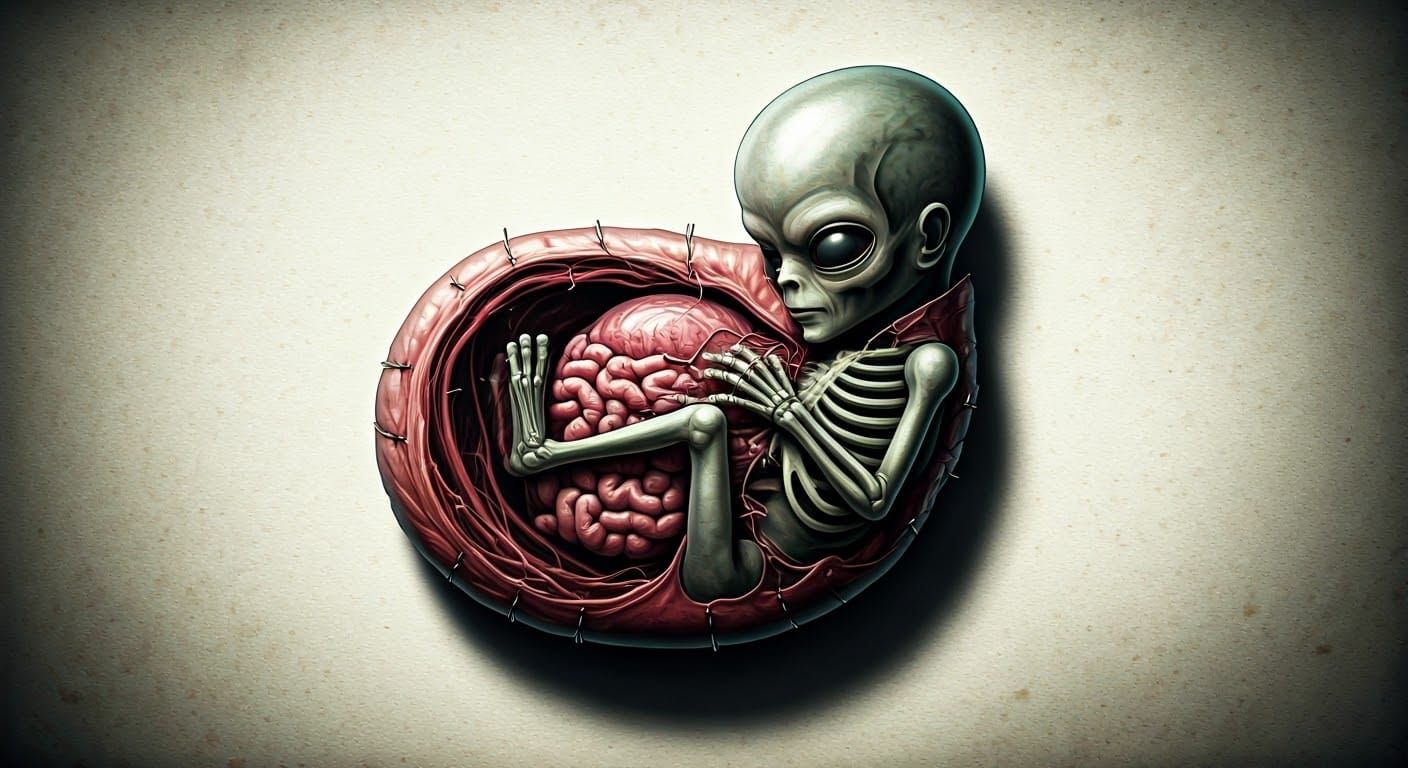 Surreal Embryo of Horror Unveiled on Worn Canvas