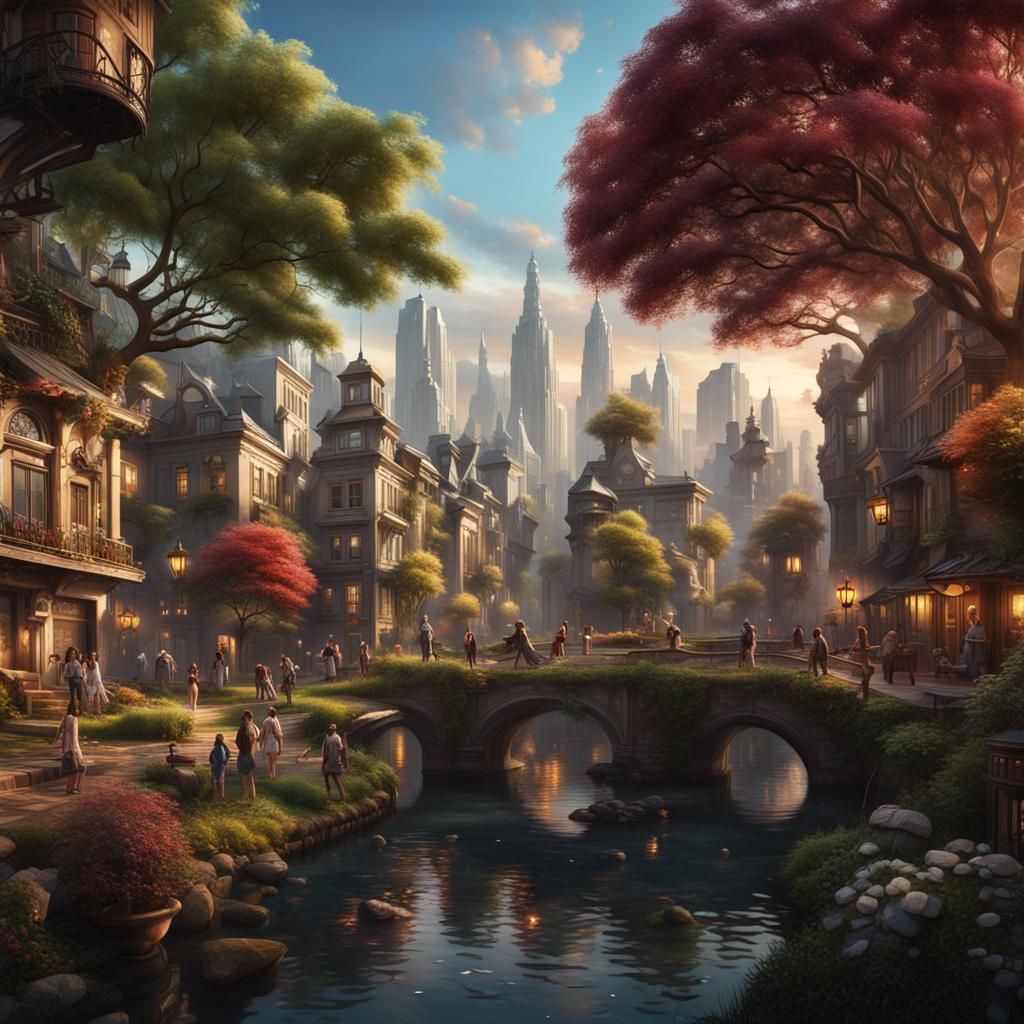 Vibrant City Life: Friendship and Joy in Matte Painting