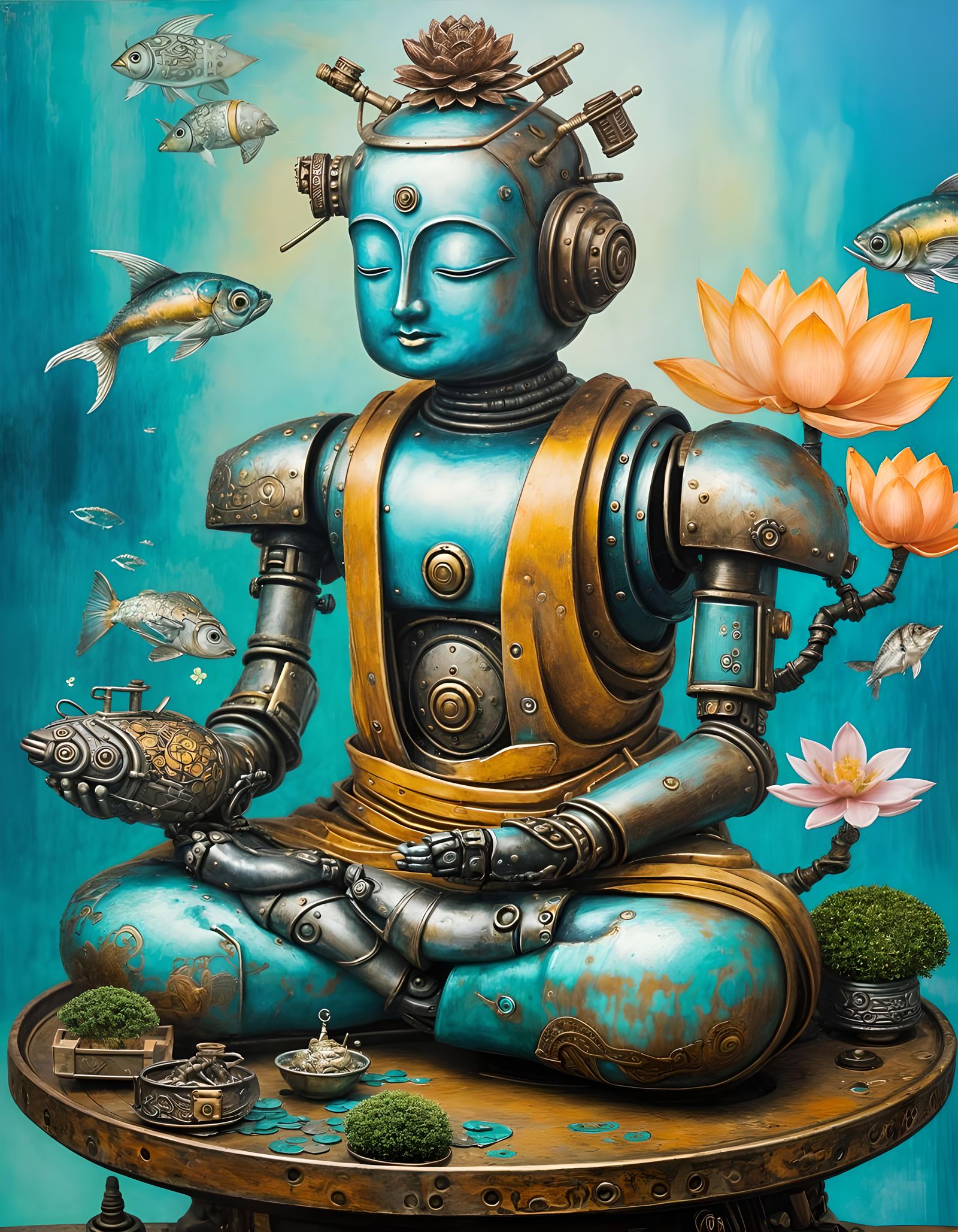 Steampunk Robot Buddha in Surreal Meditation