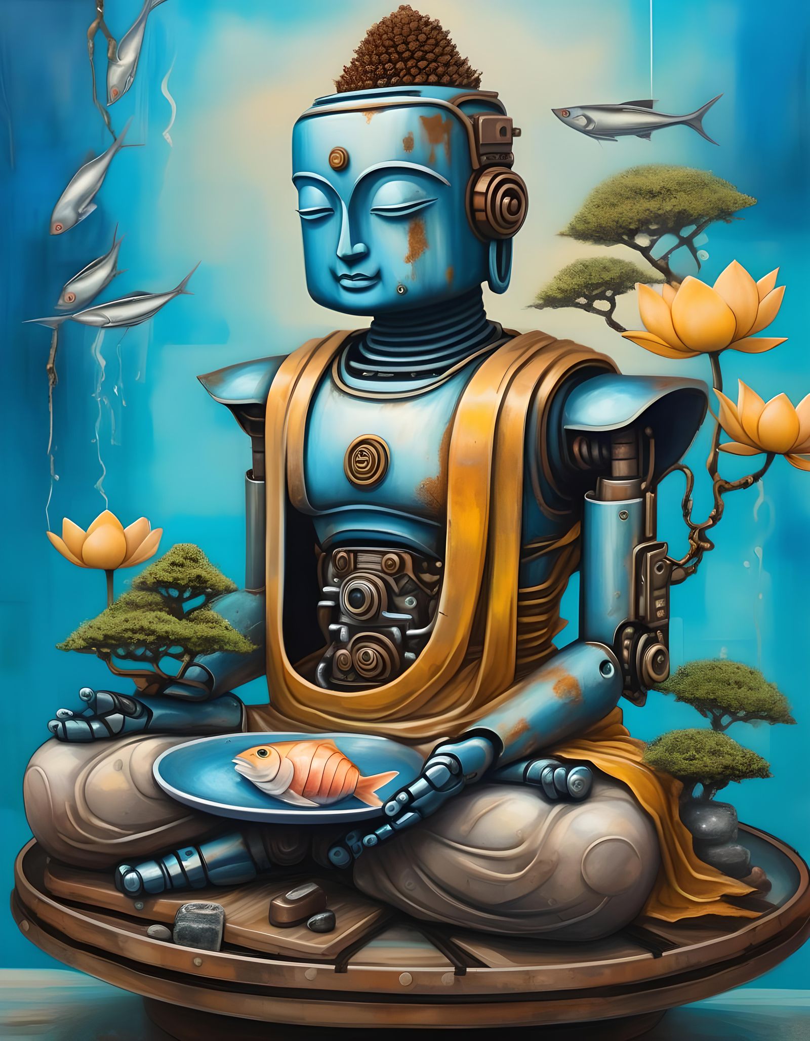 Steampunk Robot Buddha in Surreal Meditation