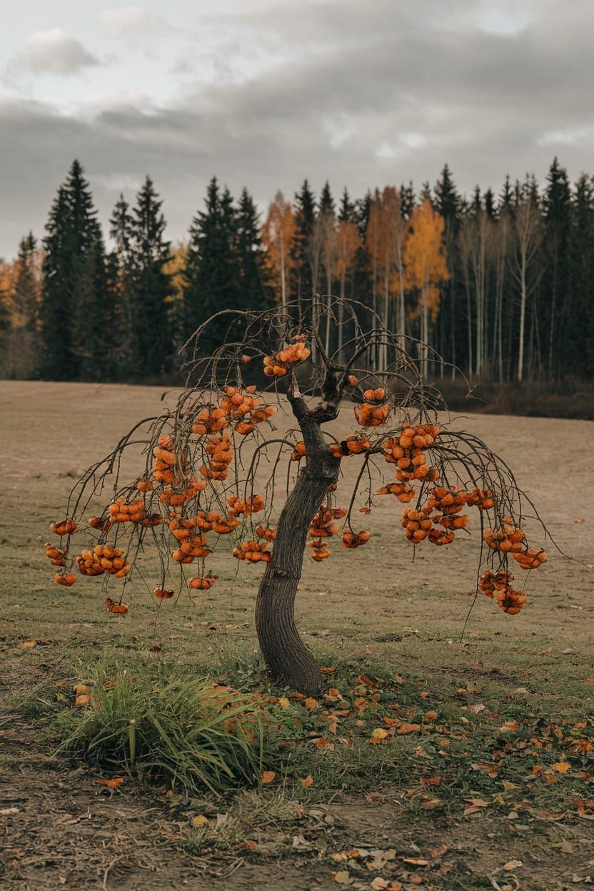 Persimmon Tree in Autumn Landscape