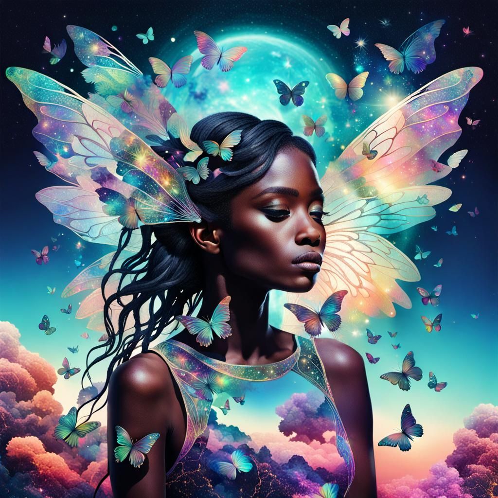 Iridescent Dreamscape Universe with Fairy Wings Collage