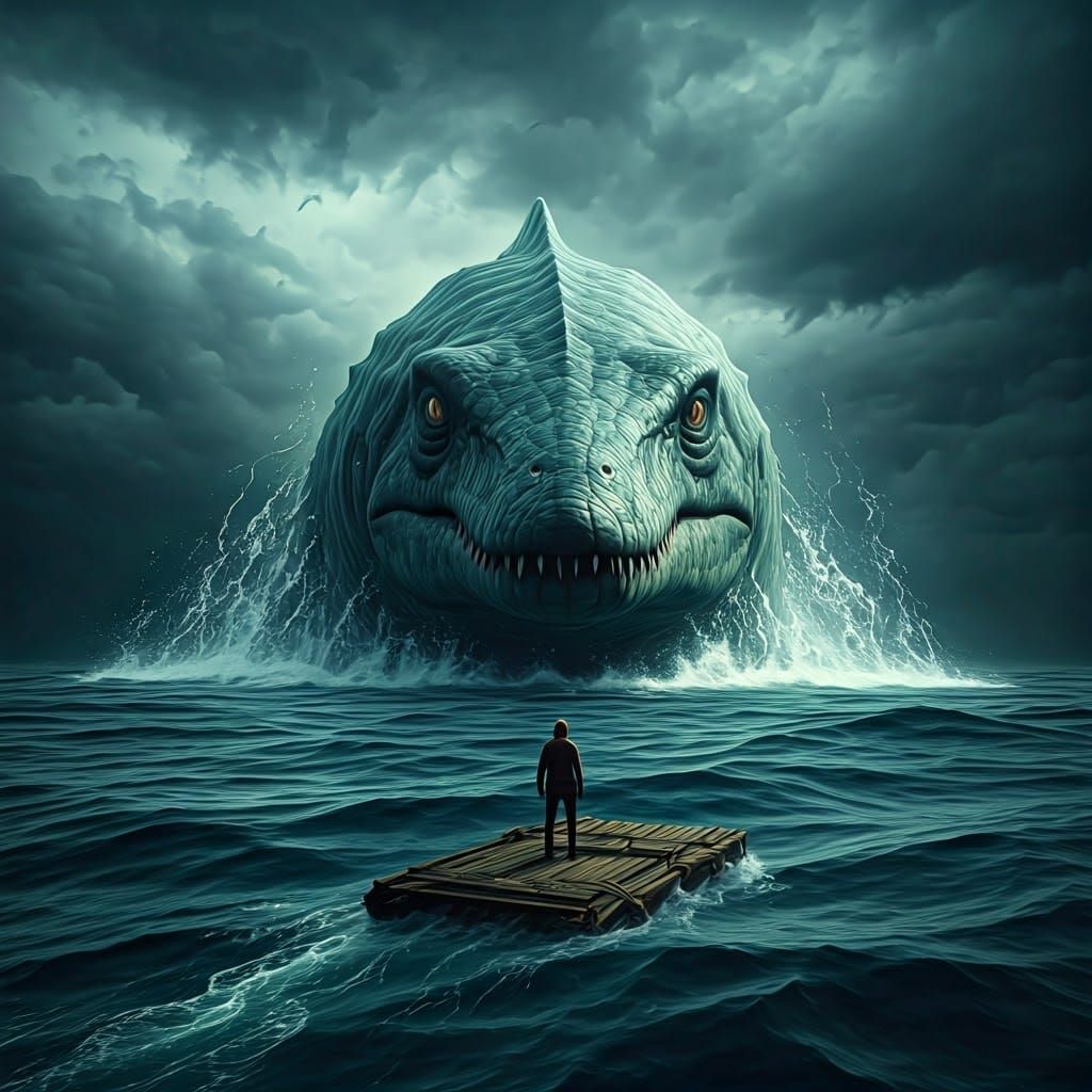 Monstrous Mosasaur Watches Human in Turbulent Ocean