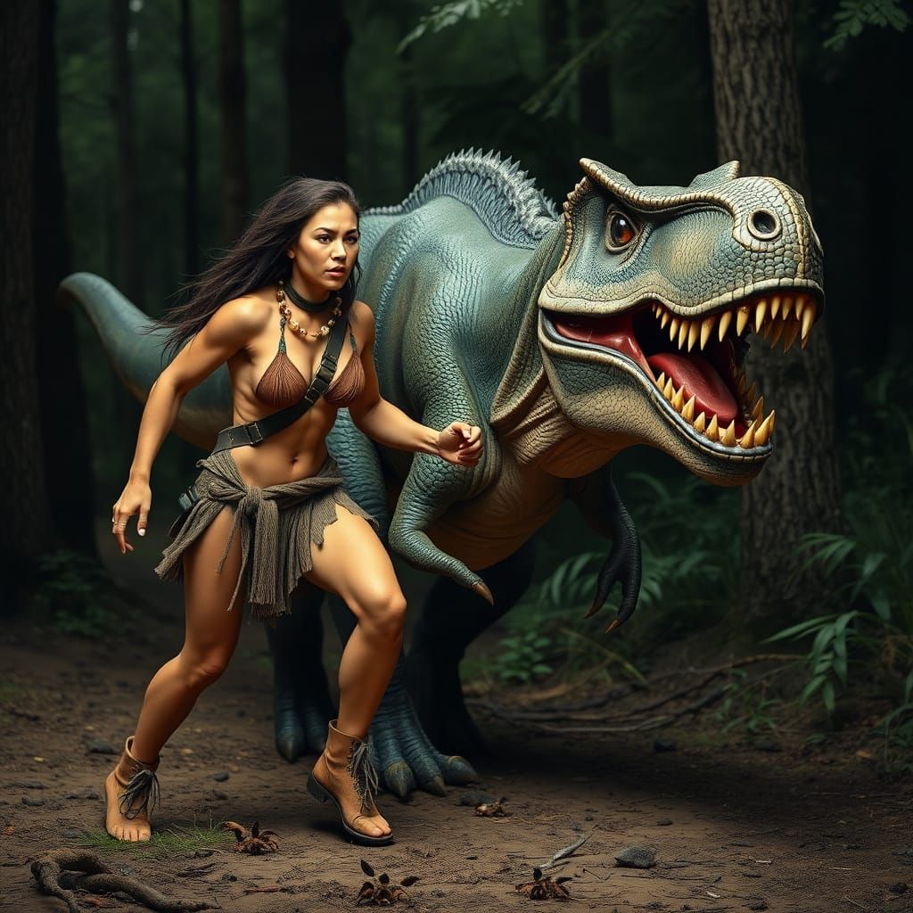Neanderthal Woman Leads Tyrannosaurus Rex