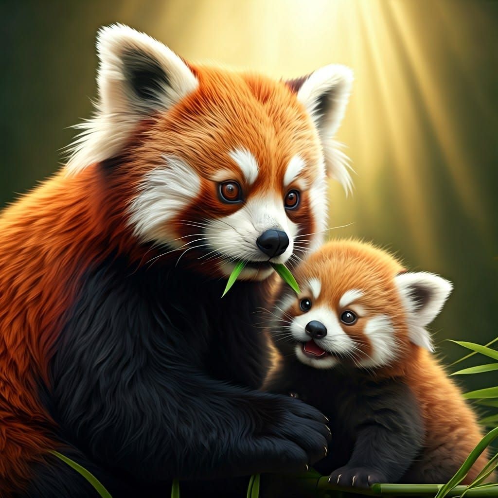 Red Panda Mother and Cub in 3D Animation Style