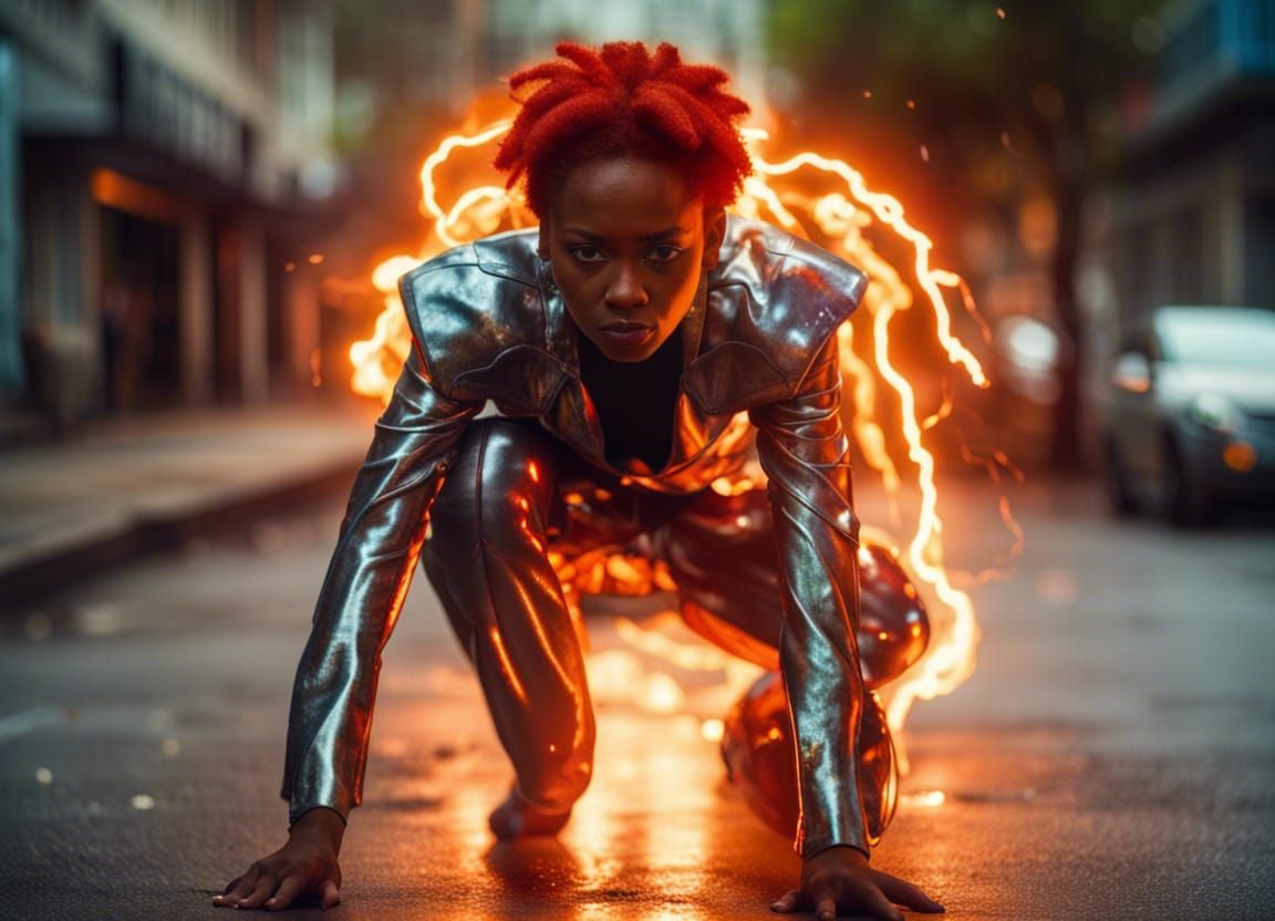 Electroluminescent Firestorm: Woman in Liquid Metal Suit
