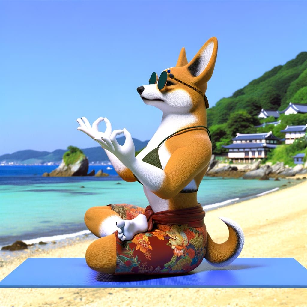 Anthropomorphic Corgi Does Yoga on Beach: 3D Render